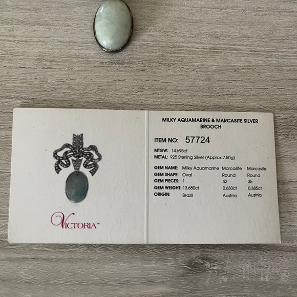 Milky Aquamarine and Marcasite Sterling Silver Brooch - Picture 3 of 10